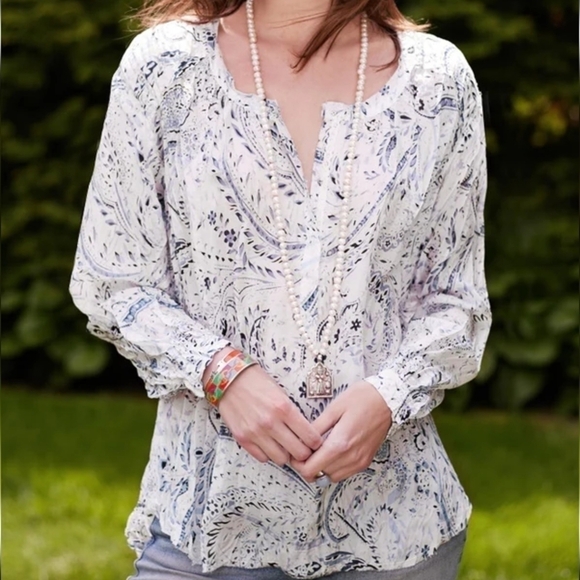 Go By Go Silk Peasent Printed 100% Silk Long-Sleeve Blouse - Size Small - Picture 2 of 8